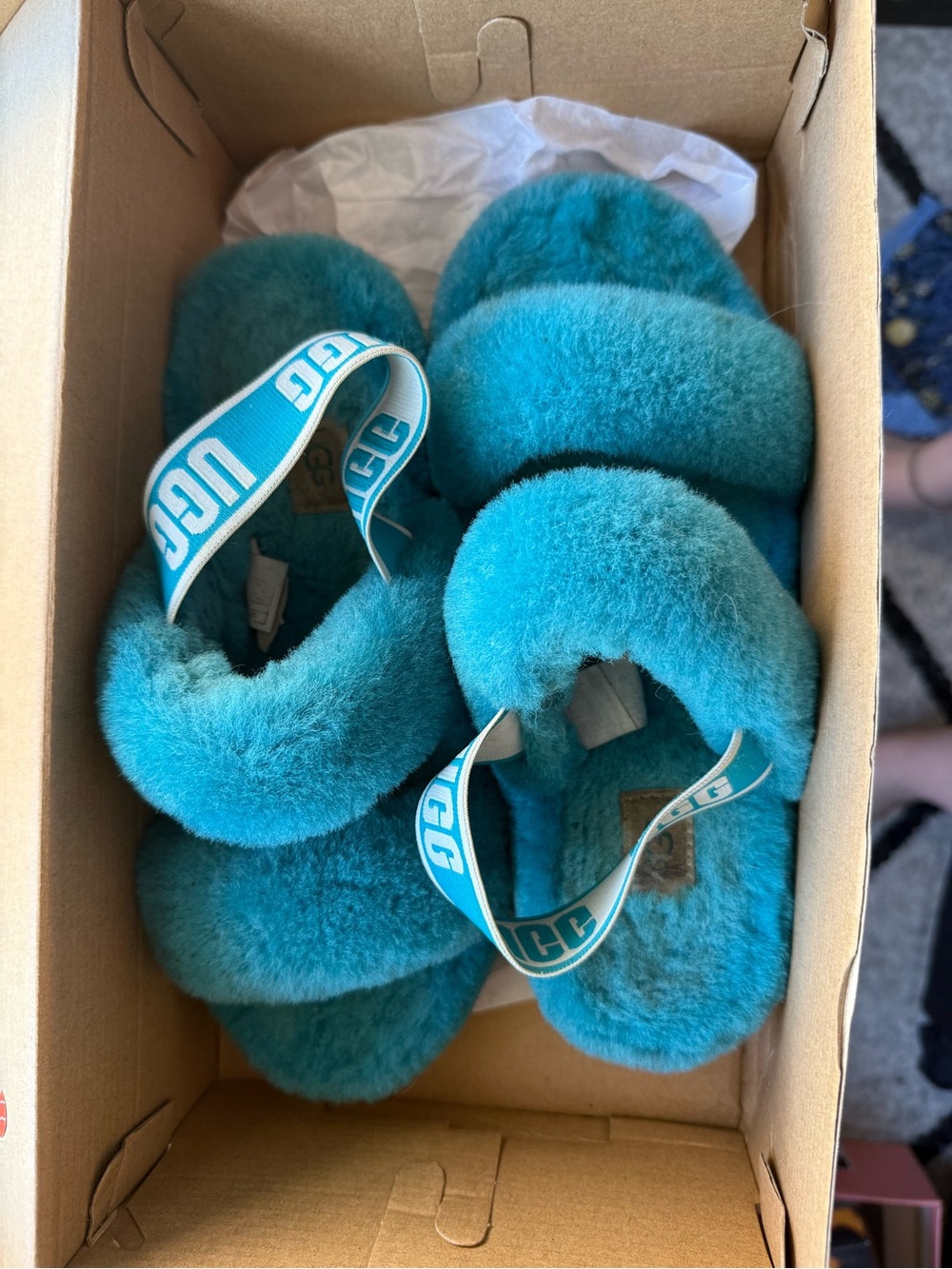 UGG Kids Teal Fuzzy Slide Slippers with Branded Elastic Strap